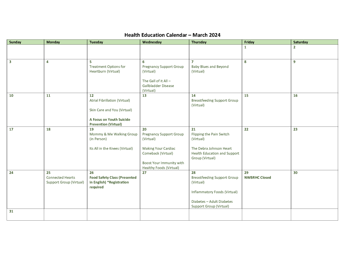 March 2024 Health Education Calendar